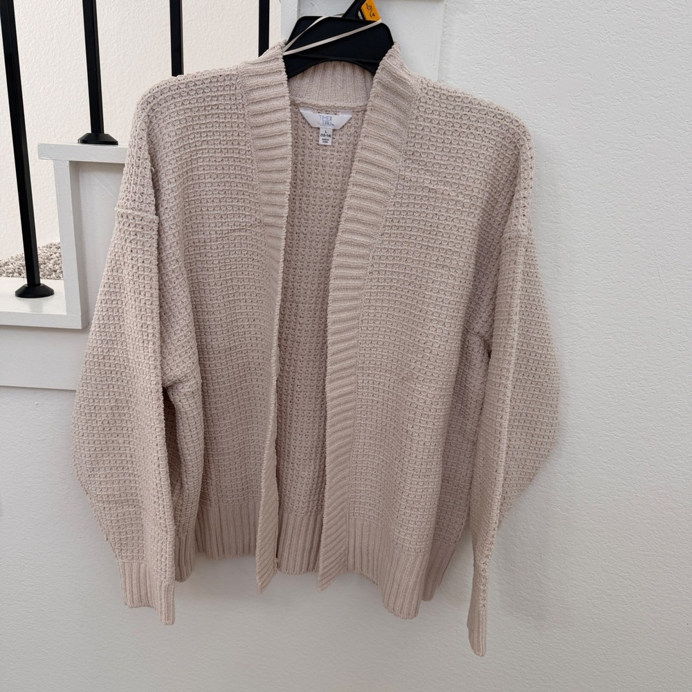Time and Tru Women Chenille Cardigan Papyrus Beige Waffle Knit Sweater Large L